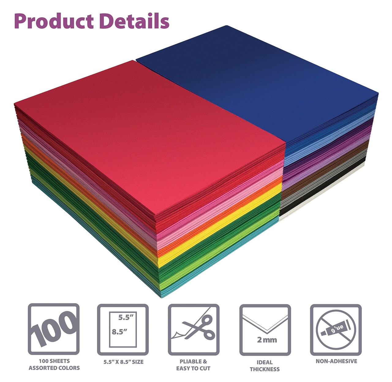 100 Pack EVA Foam Sheets, 5.5 x 8.5 Inch, Assorted Colors (20 Colors), 2mm Thick, by Better Office Products, for Arts and Crafts, 100 Sheets